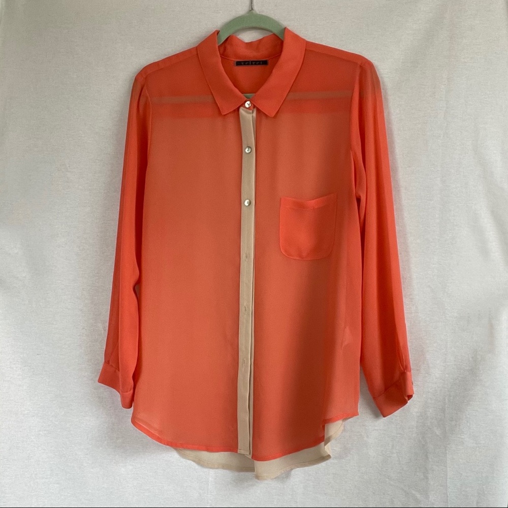 FLOWY COLOR BLOCK BUTTON DOWN BLOUSE - L